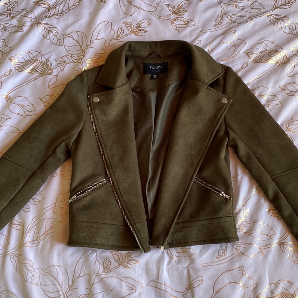 Dark Green Faux Suede Moto Jacket